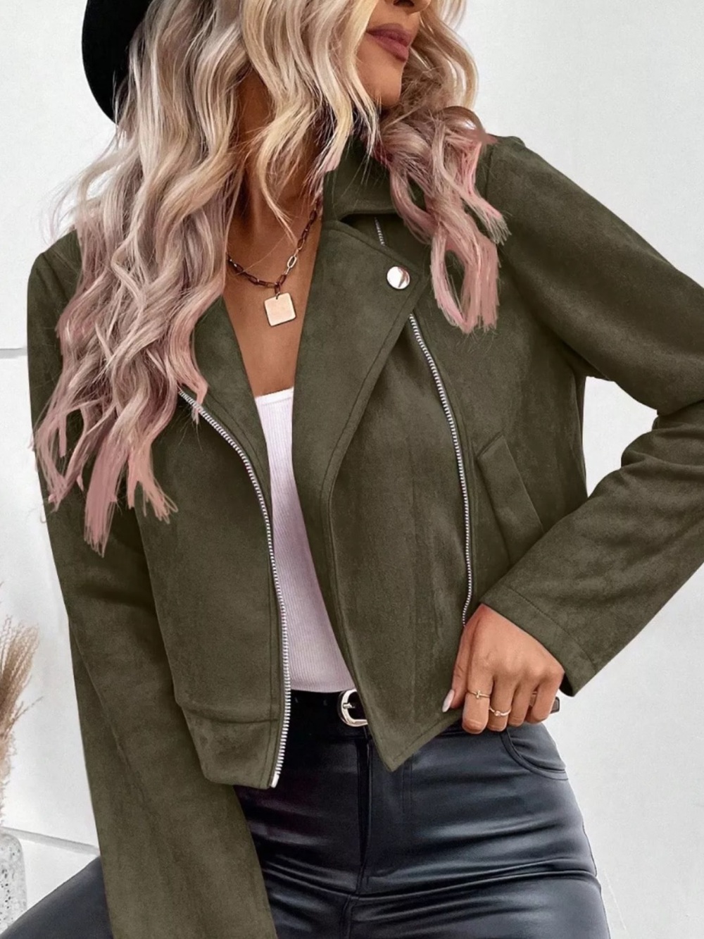 LC Lauren Conrad Olive Green Suede Moto Jacket Silver Asymmetric Zipper XL NWOT